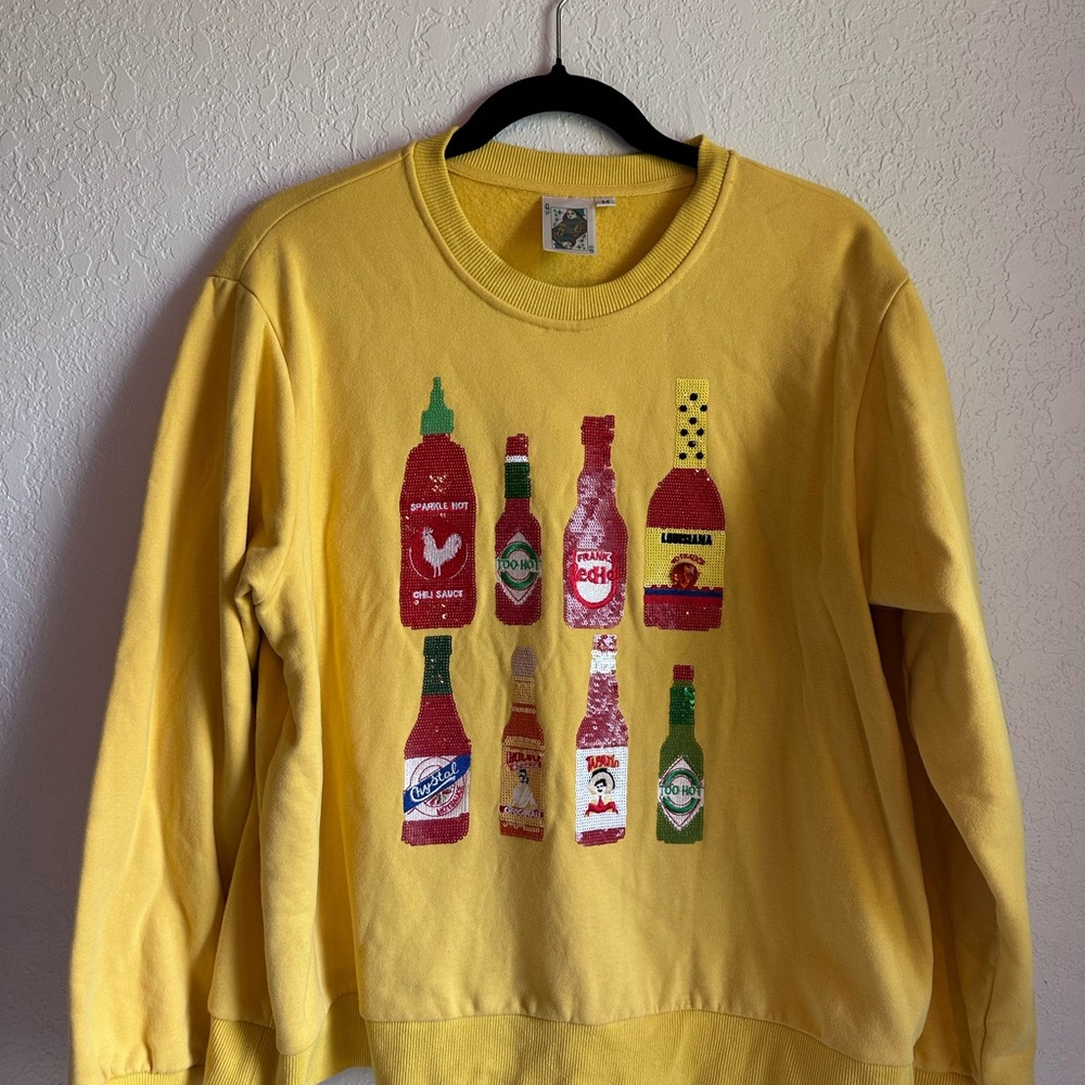 Queen of sparkles Yellow Crewneck Sweater with Hot Sauce Bottle Motif